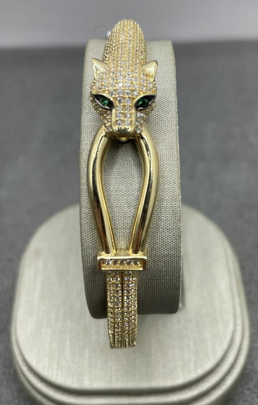 14K Yellow Gold Panther W/ Green Eyes Bangle Style Bracelet (22065)